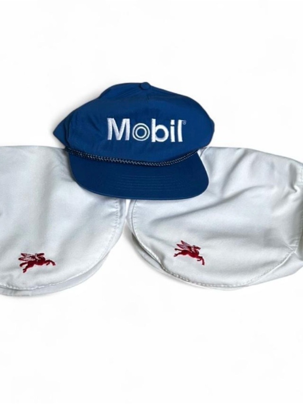 Vintage Mobil Oil Blue Snapback Cap and Two Newsboy Style Caps.
